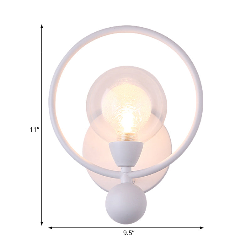 Black/White Ring Wall Light Sconce Modern Stylish 1 Bulb Metal Wall Lamp with Glass Ball Shade