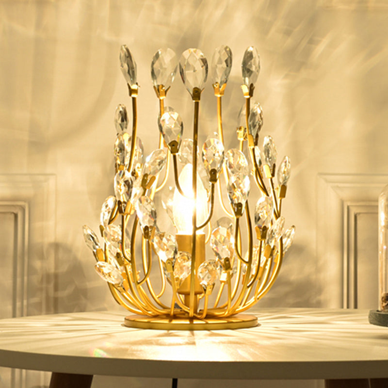 1 Head Table Lamp with Swirled Arm Crystal Teardrops Contemporary Bedchamber Night Light in Gold