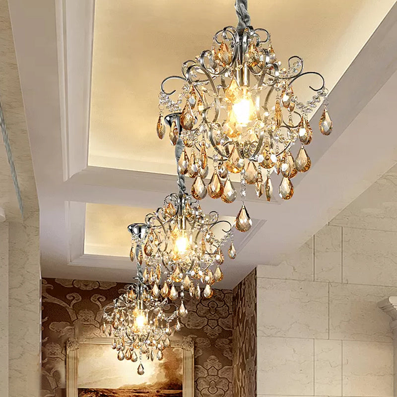 Crystal Teardrops Swirling Arm Hanging Light Modern 1 Head Dinning Hall Suspension Pendant in Silver