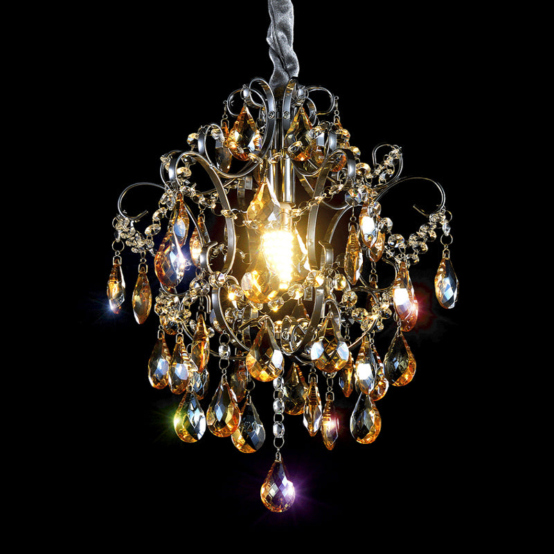 Crystal Teardrops Swirling Arm Hanging Light Modern 1 Head Dinning Hall Suspension Pendant in Silver
