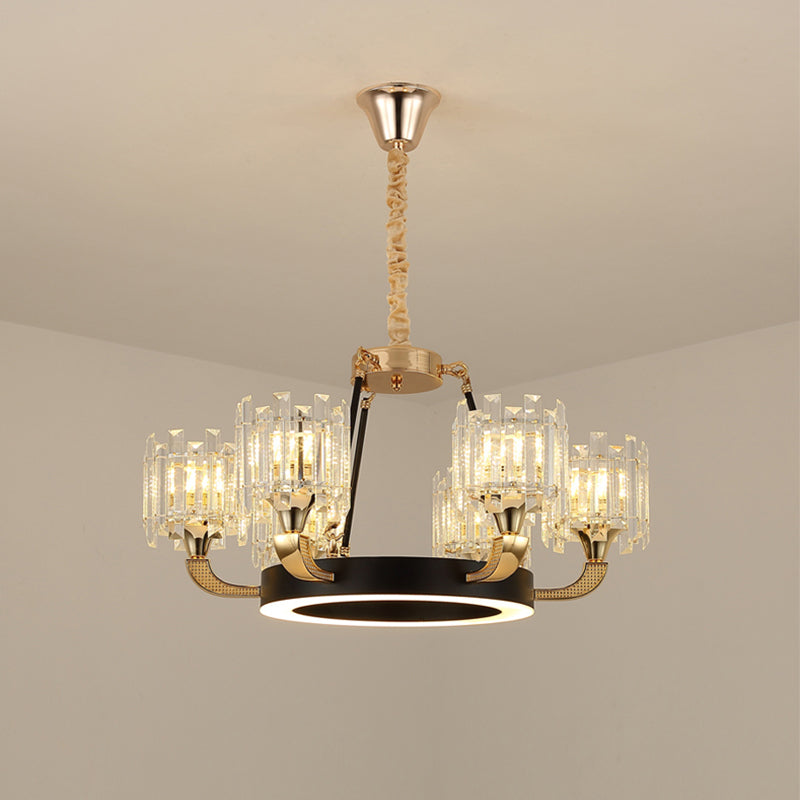 Zwart en gouden 6 lampen hangsel kroonluchter traditionele kristalcilinderschaduw plafondlicht