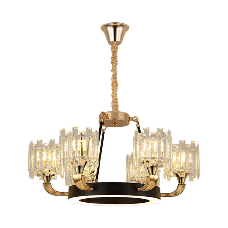 Zwart en gouden 6 lampen hangsel kroonluchter traditionele kristalcilinderschaduw plafondlicht