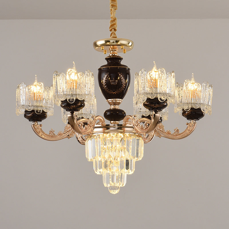 Black and Gold Drum Suspension Lighting Traditional Crystal 6 Heads Dinning Room Chandelier