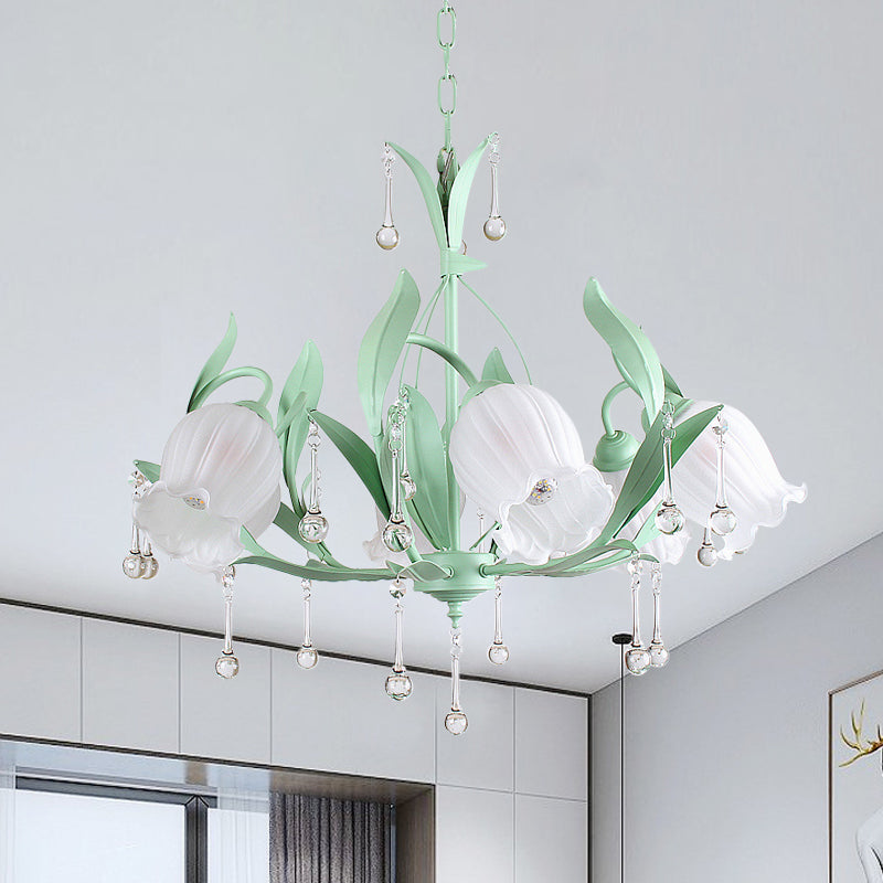 Pink/Blue/Green 6 Bulbs Chandelier Lamp Traditional Crystal Balls Floral Hanging Light Kit for Bedroom