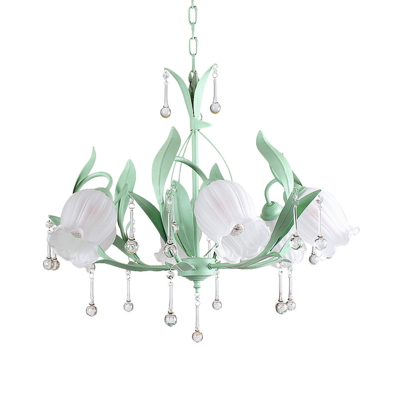 Pink/Blue/Green 6 Bulbs Chandelier Lamp Traditional Crystal Balls Floral Hanging Light Kit for Bedroom