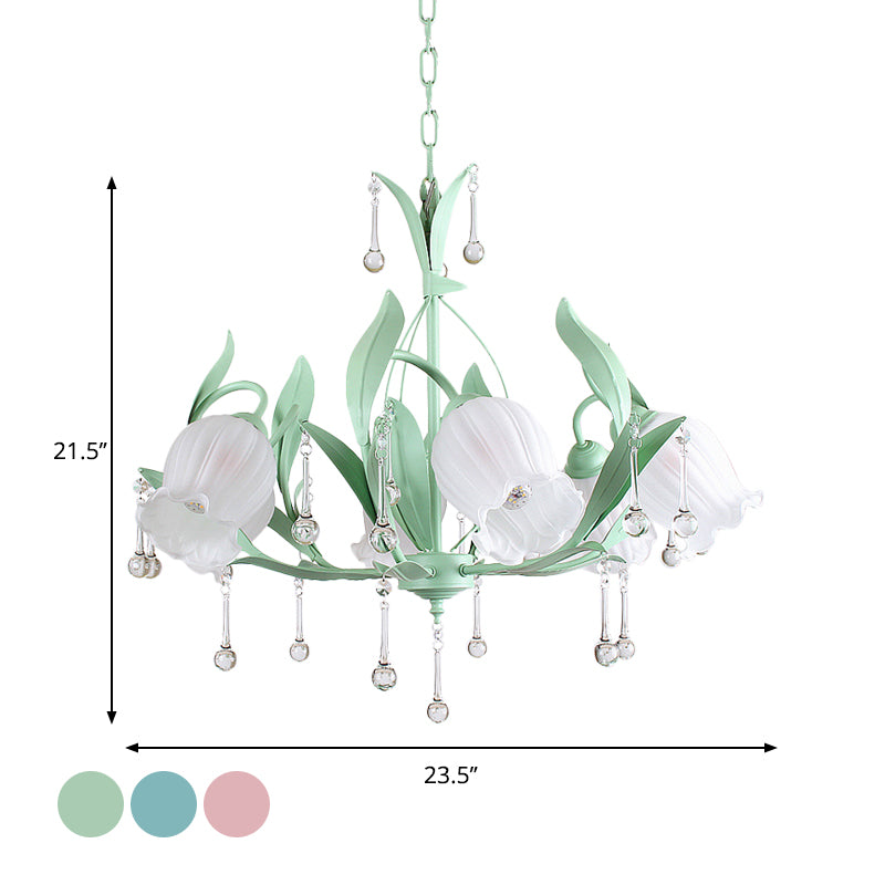 Pink/Blue/Green 6 Bulbs Chandelier Lamp Traditional Crystal Balls Floral Hanging Light Kit for Bedroom
