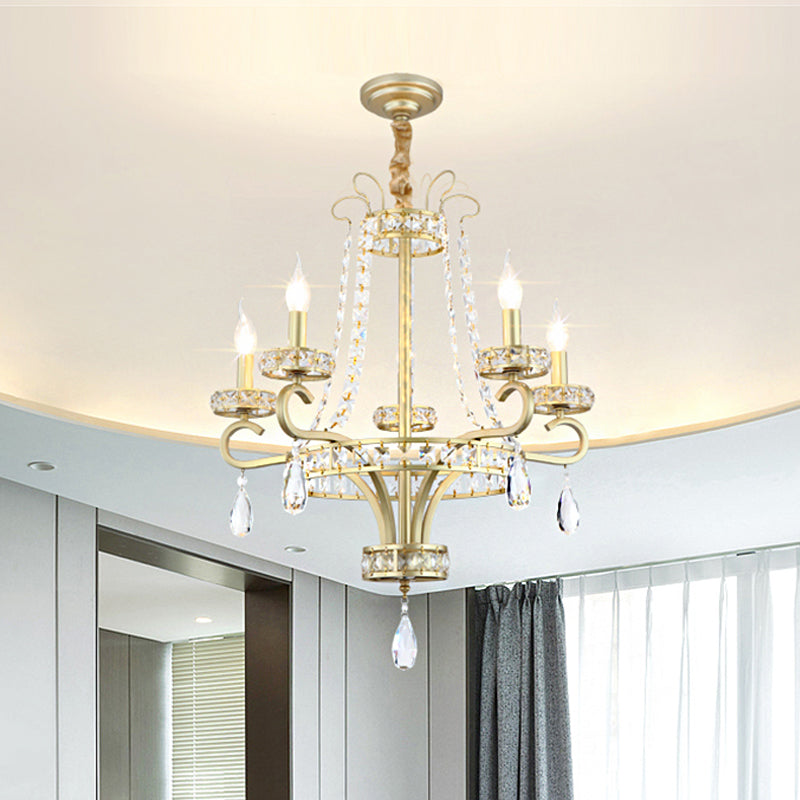 Candle Crystal Tranendops Kroonluchter Traditionele 5 bollen eetkamer ophanging licht in goud