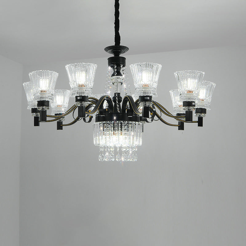 Black Tapered Hanging Ceiling Light Traditional Crystal Stands 13 Heads Great Room Chandelier