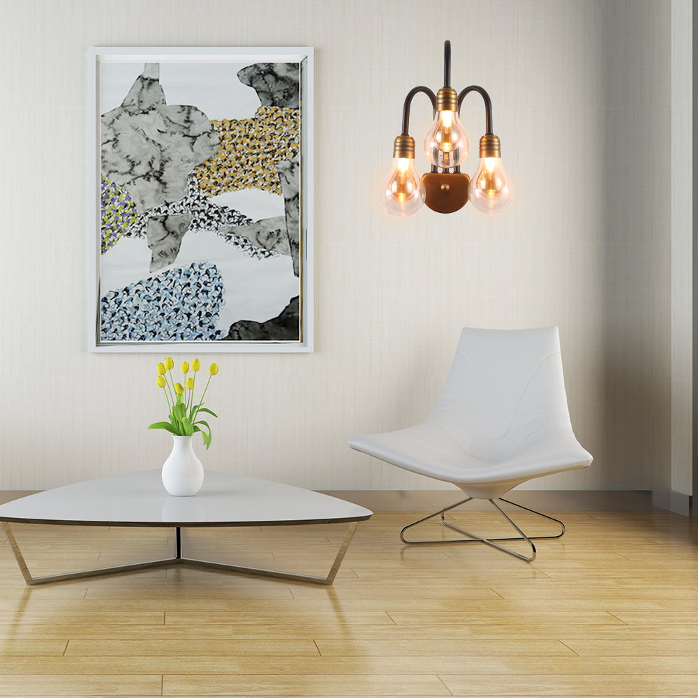 Iluminación de pared de bombilla de vidrio transparente contemporáneo 1/2/3 luces LED pared luz Luz en latón con brazo curvo