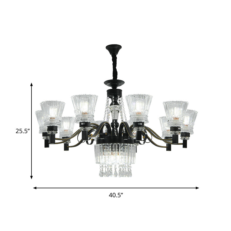 Black Tapered Hanging Ceiling Light Traditional Crystal Stands 13 Heads Great Room Chandelier