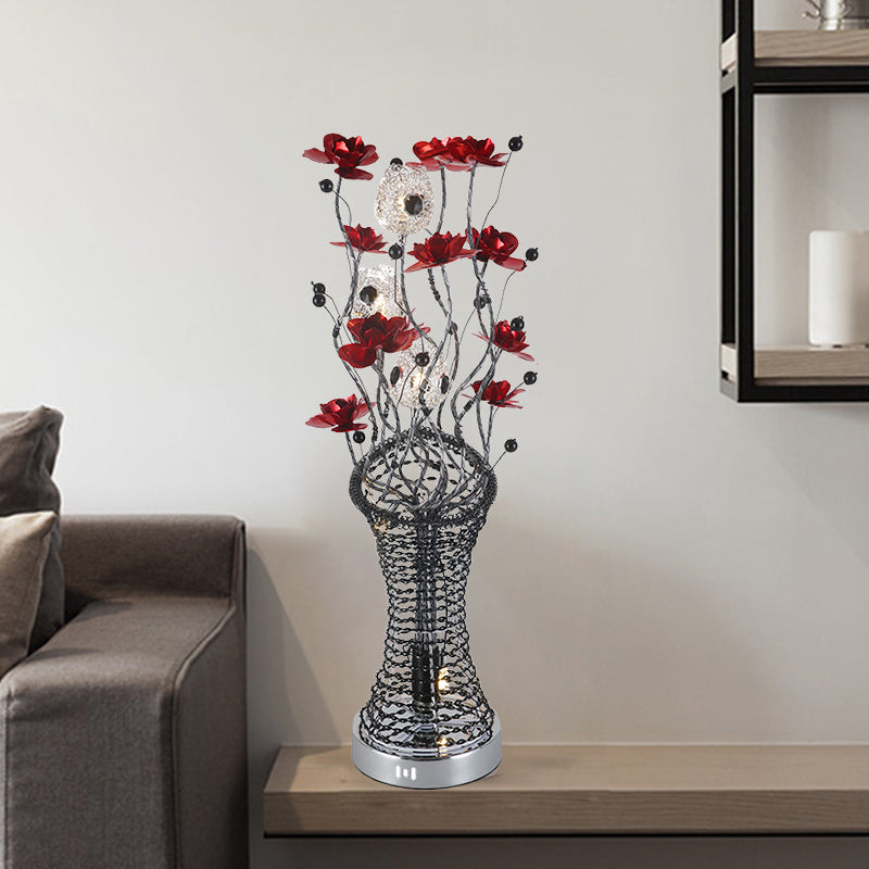 Lámpara de mesa de mesa de columna de ramita decorativa iluminación de escritorio LED de aluminio con decoración de flores en rojo y negro, cálida/blanca luz