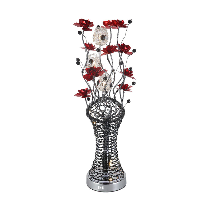Lámpara de mesa de mesa de columna de ramita decorativa iluminación de escritorio LED de aluminio con decoración de flores en rojo y negro, cálida/blanca luz