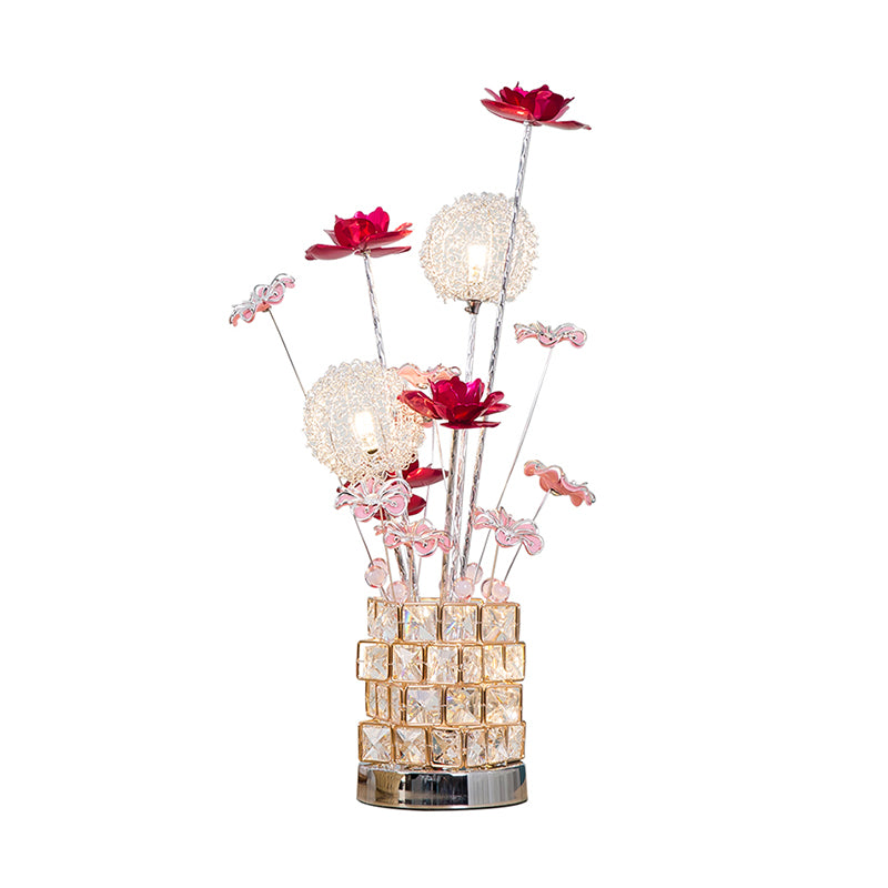 Aluminium Rubik's Cube Schreibtisch Lampe Kunst Dekor Salzraum Kristall eingebettetes LED -Nachttisch Licht mit rosa/rotem Blüte Dekor