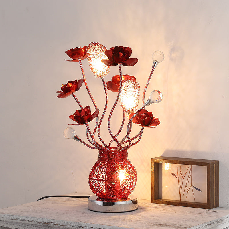 Rote LED -Blume Nachttisch Lampe Dekorative Metallentischbeleuchtung mit Glas Basis