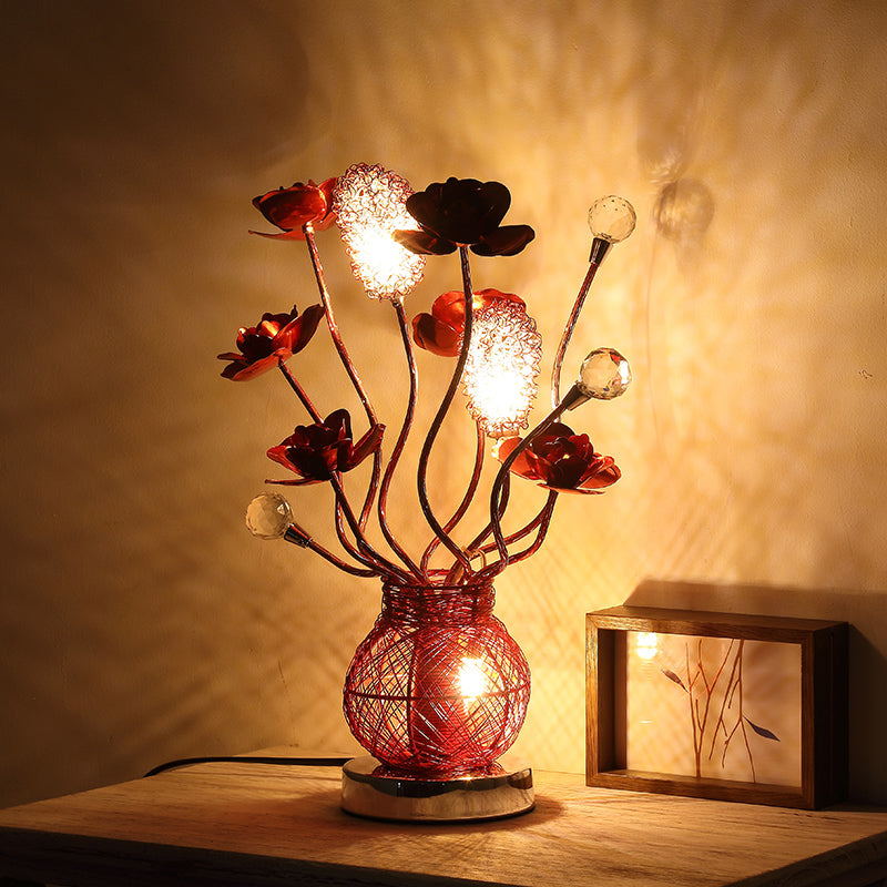 Rote LED -Blume Nachttisch Lampe Dekorative Metallentischbeleuchtung mit Glas Basis