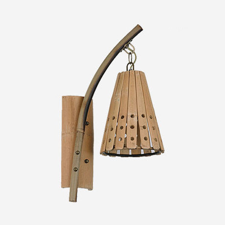 Bamboo conische schaduw Wandverlichting met uitgeholde ontwerp Lodge-stijl 1-kop houten wandlamp voor slaapkamer, links/rechts