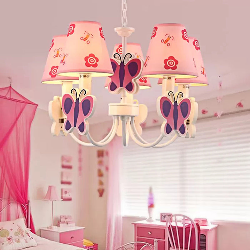 Pink Chandelier for Girls Room, Adjustable Hanging Lamp with Tapered Plastic Shade and Butterfly Modern Style