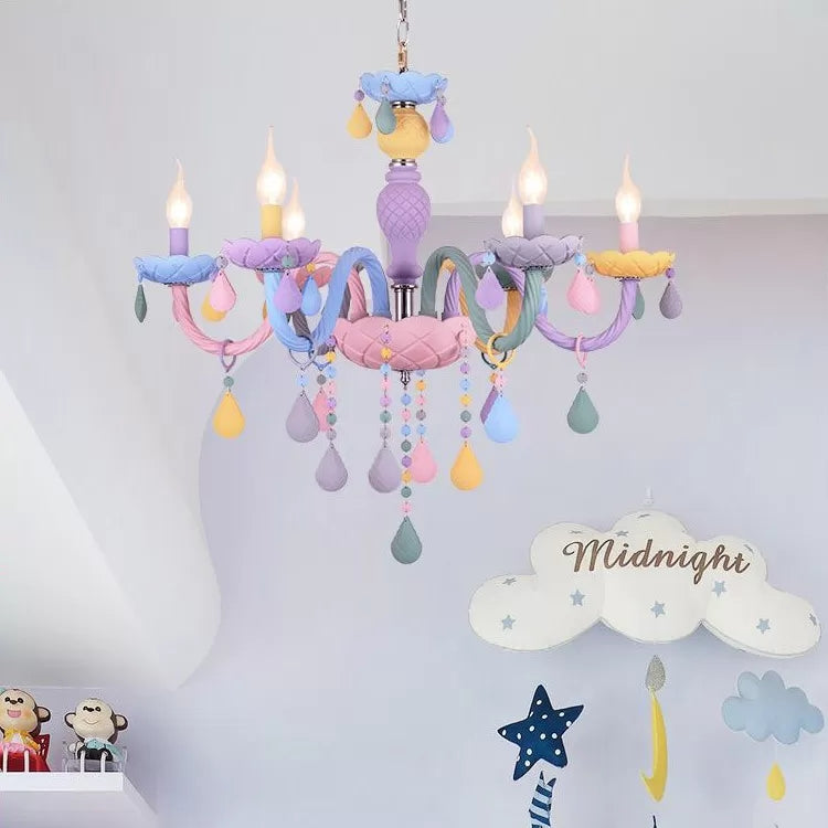 Kids Chandelier Lamp for Girls Rooms, Multicolor Hanging Pendant Lighting with Adjustable Chain and Candle