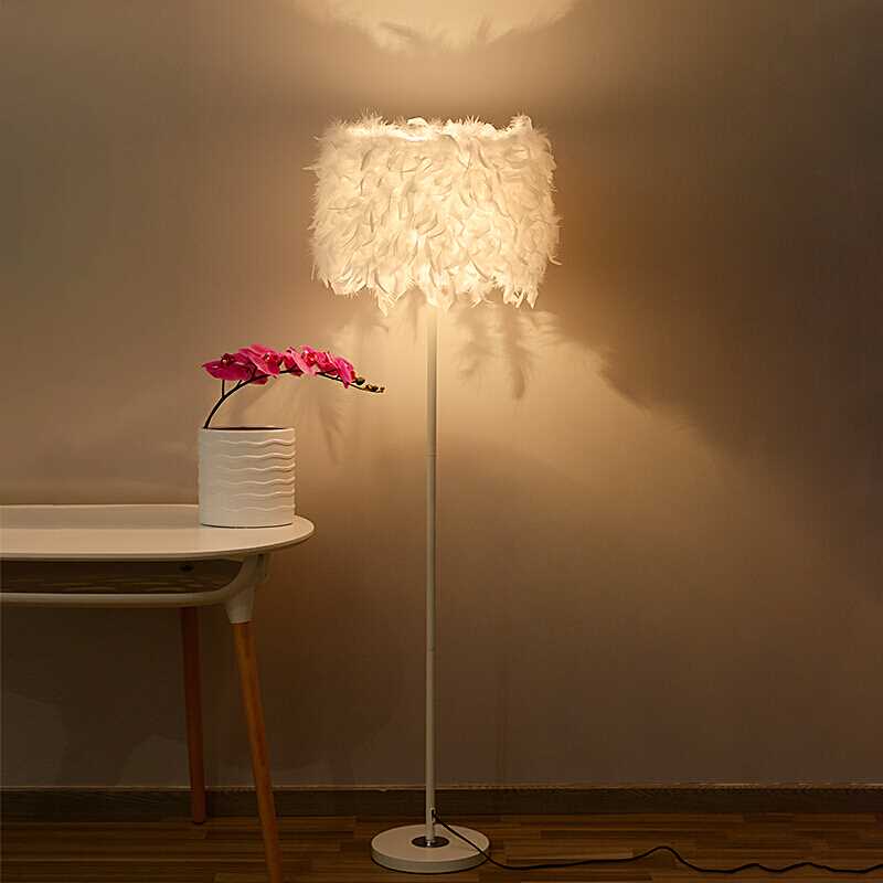 Lampada da terra con paralume a tamburo di piume Illuminazione da pavimento a 1 luce in stile moderno in diversi colori per soggiorno