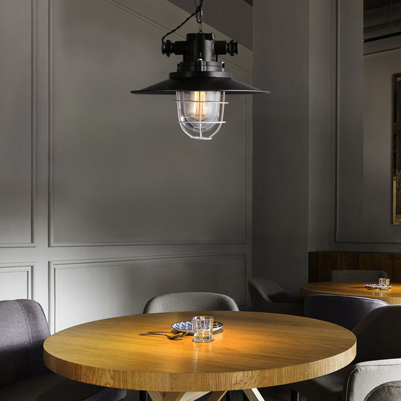 Wire Cage Restaurant Hanging Lamp with Saucer Shade Nautical Metal 1 Bulb Black Ceiling Pendant