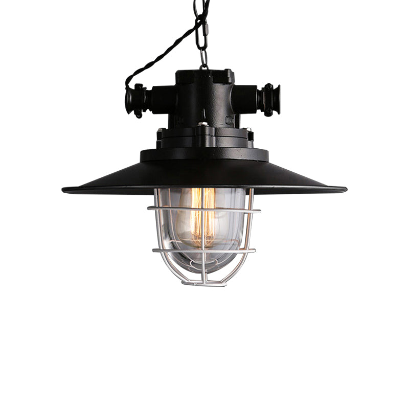 Wire Cage Restaurant Hanging Lamp with Saucer Shade Nautical Metal 1 Bulb Black Ceiling Pendant
