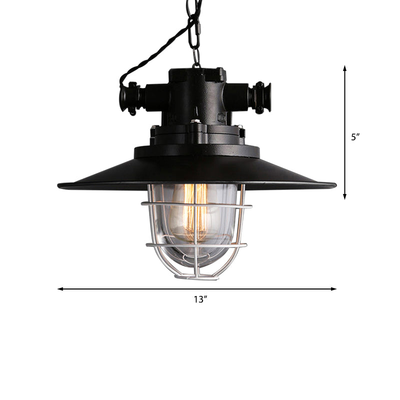 Wire Cage Restaurant Hanging Lamp with Saucer Shade Nautical Metal 1 Bulb Black Ceiling Pendant