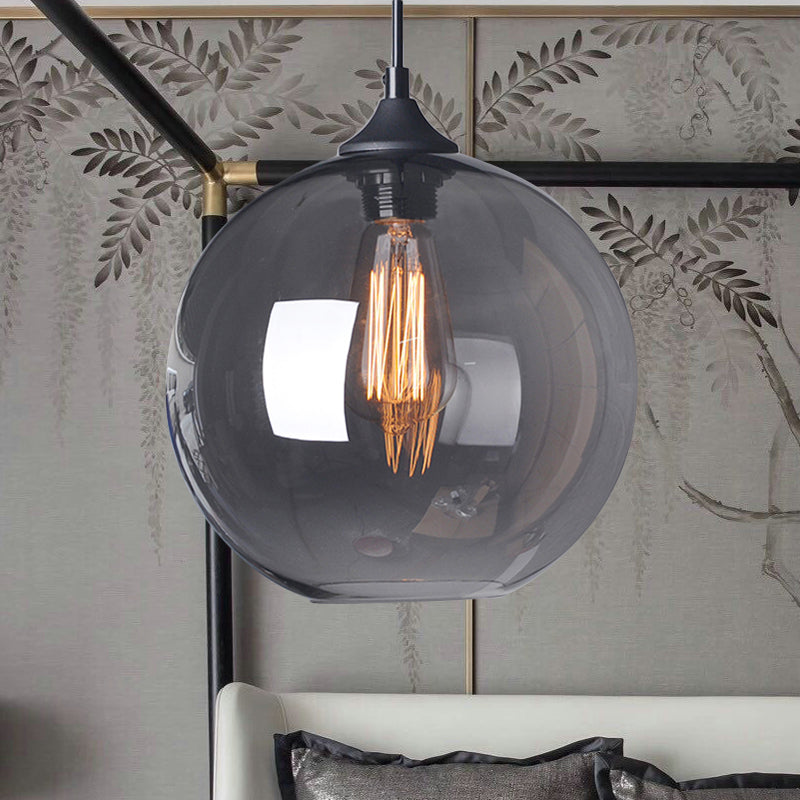 8"/10"/12" Wide Globe Pendant Light Industrial 1 Light Grey/Clear Glass Hanging Lamp in Black