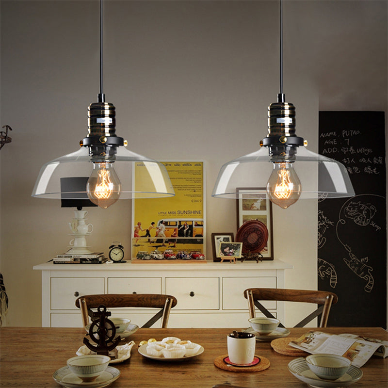Single Light Hanging Ceiling Light with Barn Shade Clear/Brown Glass Industrial Dining Room Pendant Lighting