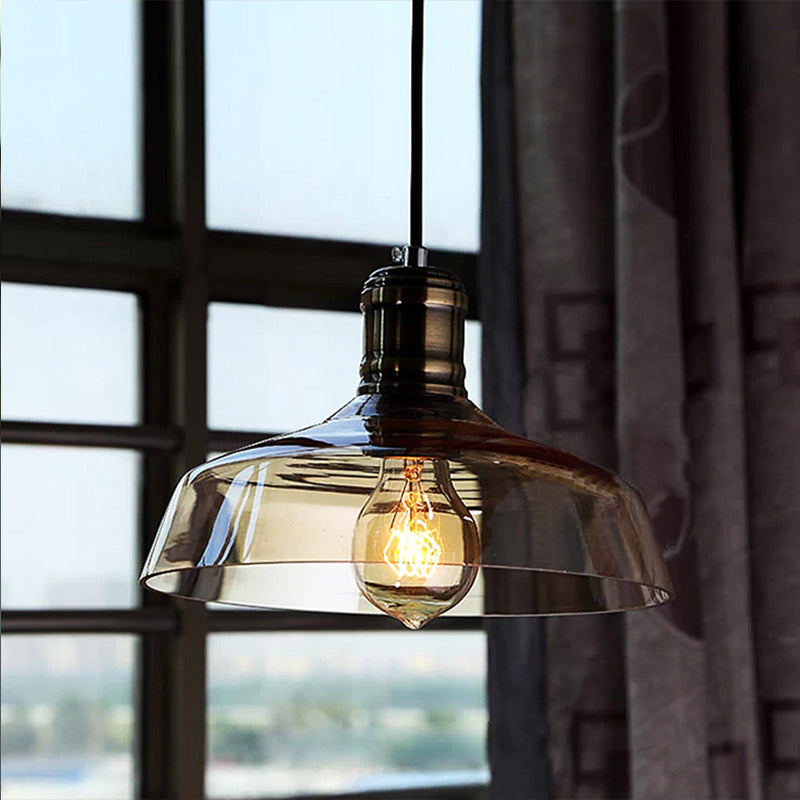 Single Light Hanging Ceiling Light with Barn Shade Clear/Brown Glass Industrial Dining Room Pendant Lighting
