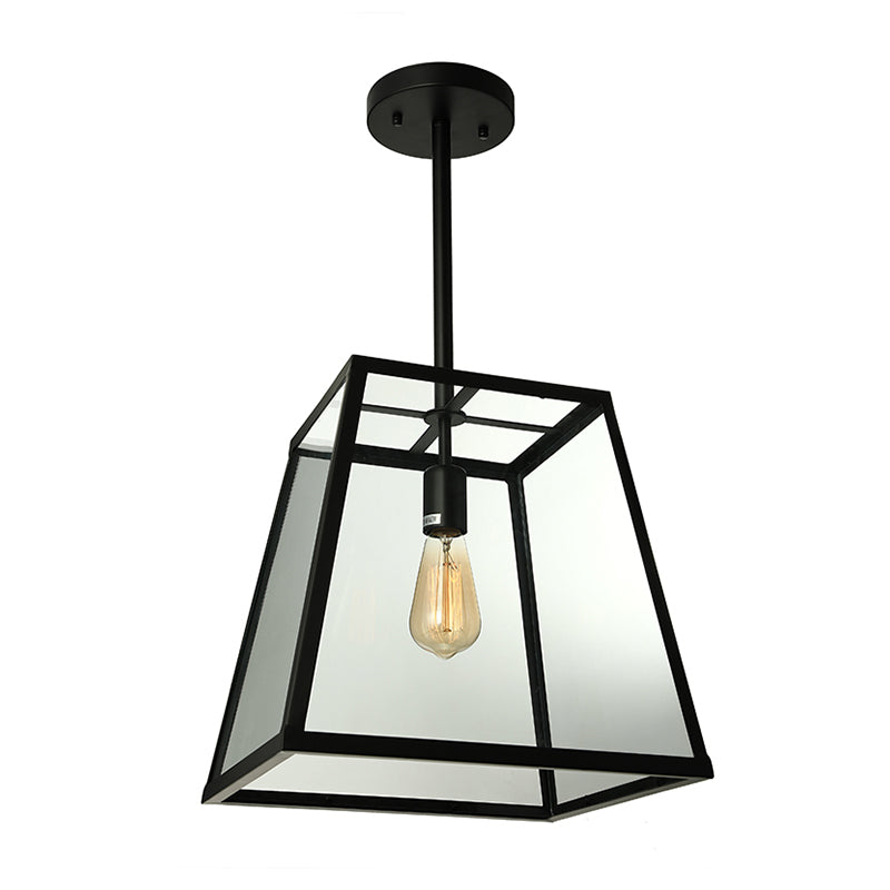 Industrial Trapezoid Pendant Lighting 1 Light Clear Glass Hanging Light Fixture in Black, 12" /14" Wide