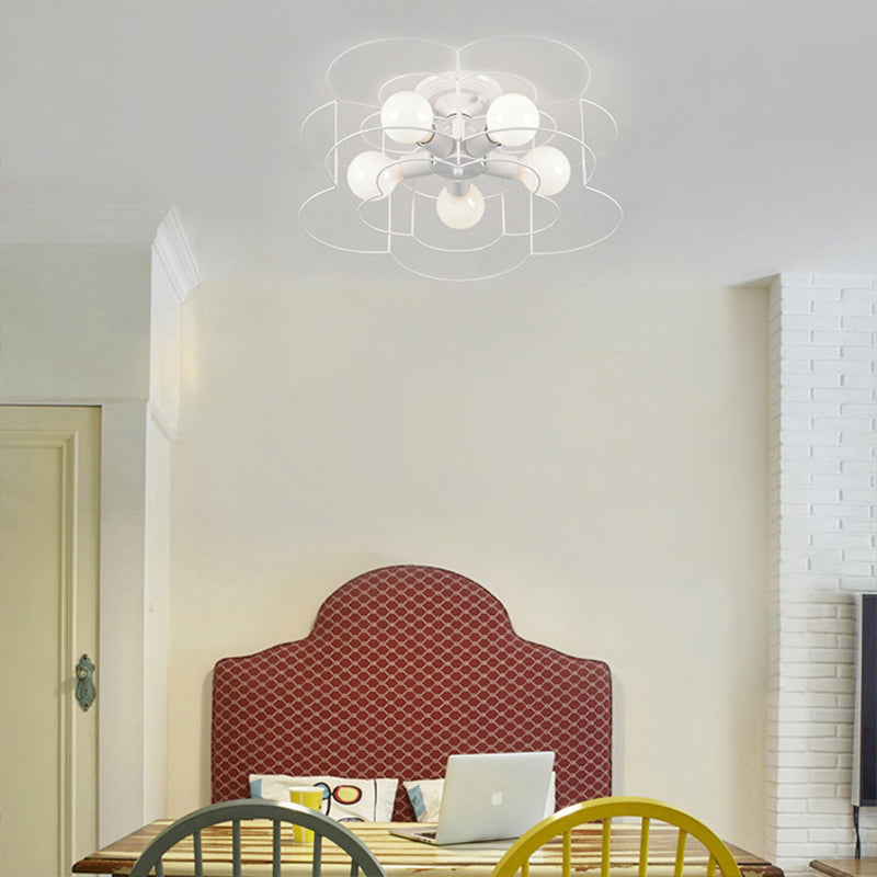 5-Light Bloom Shaped Semi-Flush Mount Modern Simple Wire Caged Ceiling Light in White for Bedroom