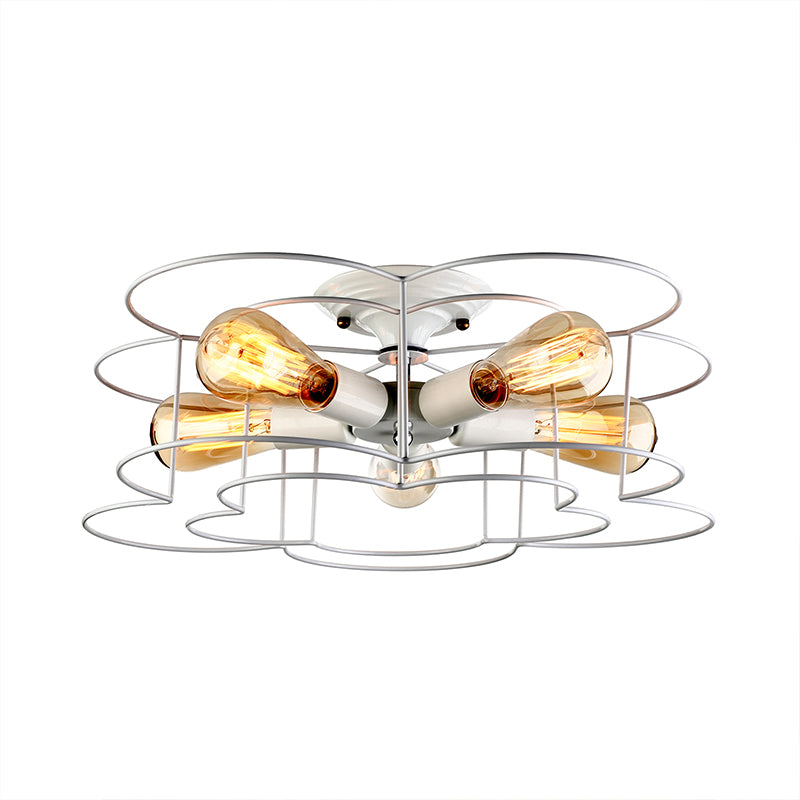 5-Light Bloom Shaped Semi-Flush Mount Modern Simple Wire Caged Ceiling Light in White for Bedroom