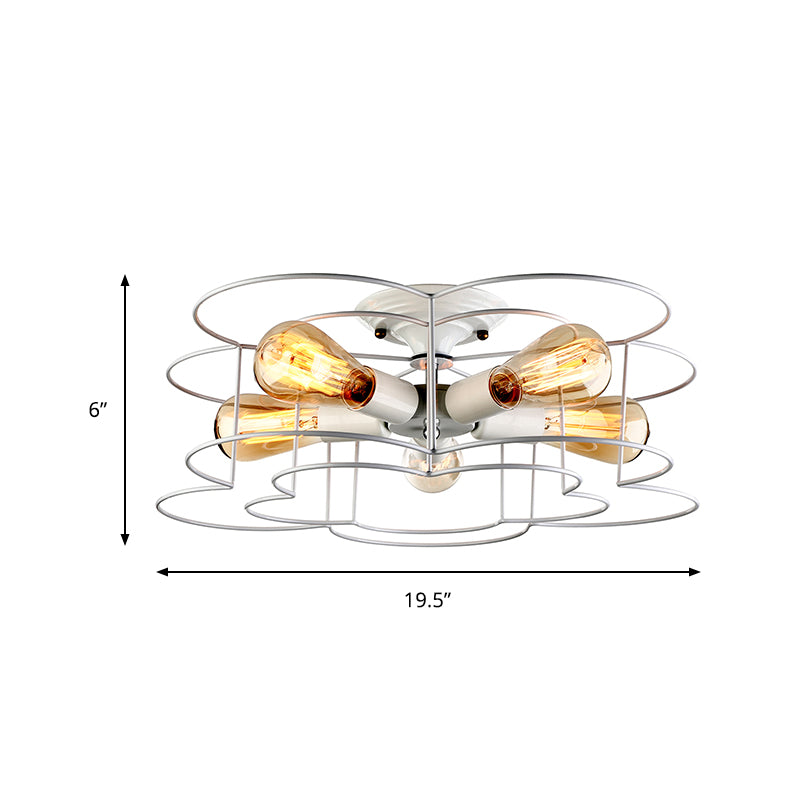 5-Light Bloom Shaped Semi-Flush Mount Modern Simple Wire Caged Ceiling Light in White for Bedroom