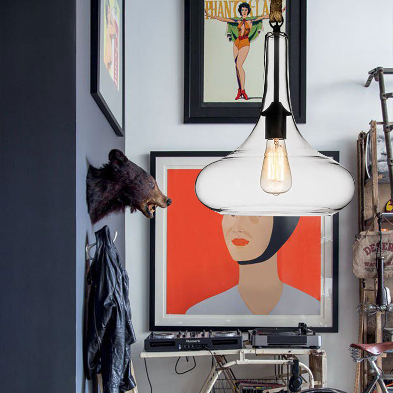 Clear Glass Urn/Trapezoid Pendant Lighting Industrial Style 1 Light Bedroom Hanging Light Fixture with Adjustable Rope