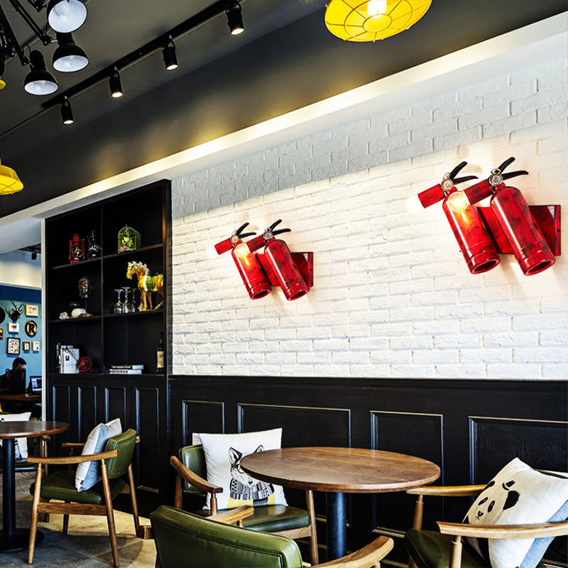 2 Lights Fire Extinguisher Sconce Lamp Rustic Loft Metal Wall Lighting for Kitchen in Red