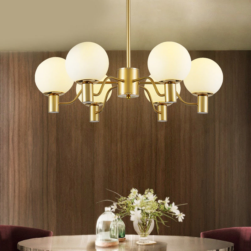 Radial White Glass Chandelier Lamp Post-Modern 3/6/8 Lights Gold Hanging Light Fixture with Ball Shade
