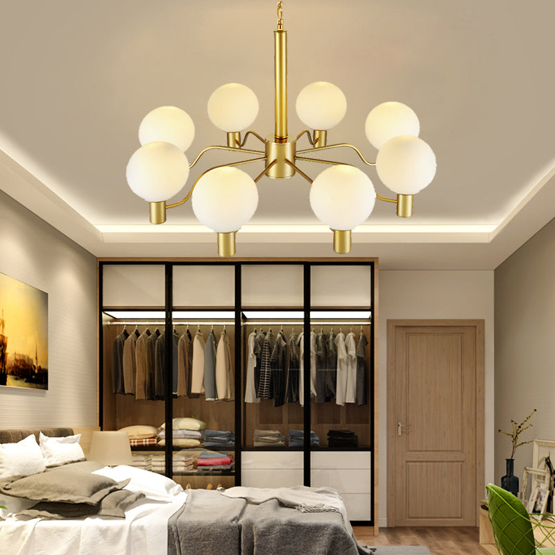 Radial White Glass Chandelier Lamp Post-Modern 3/6/8 Lights Gold Hanging Light Fixture with Ball Shade