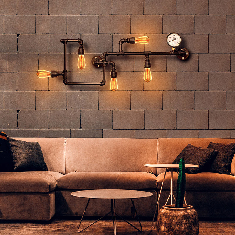 5 Bulbs Wall Lighting Vintage Style Twisted Pipe Metallic Wall Mounted Lamp with Pressure Gauge in Black