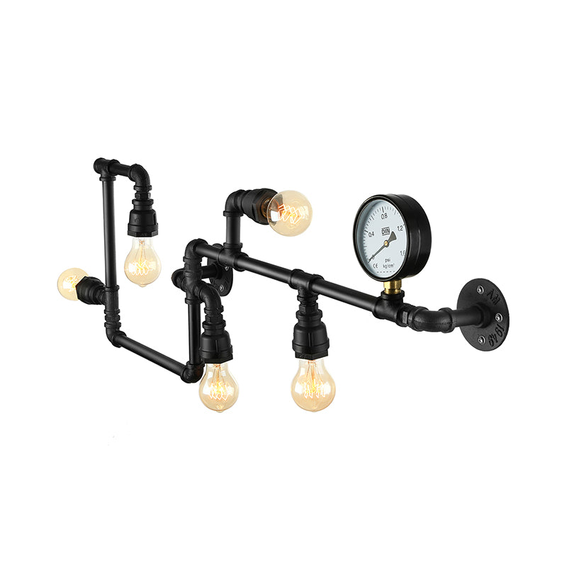 5 Bulbs Wall Lighting Vintage Style Twisted Pipe Metallic Wall Mounted Lamp with Pressure Gauge in Black