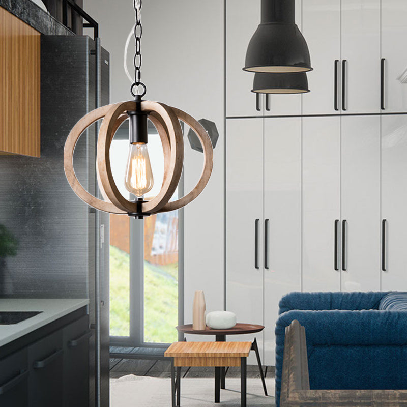 Single Light Globe Pendant Lamp Height Adjustable Rustic Wood Hanging Light for Bedroom