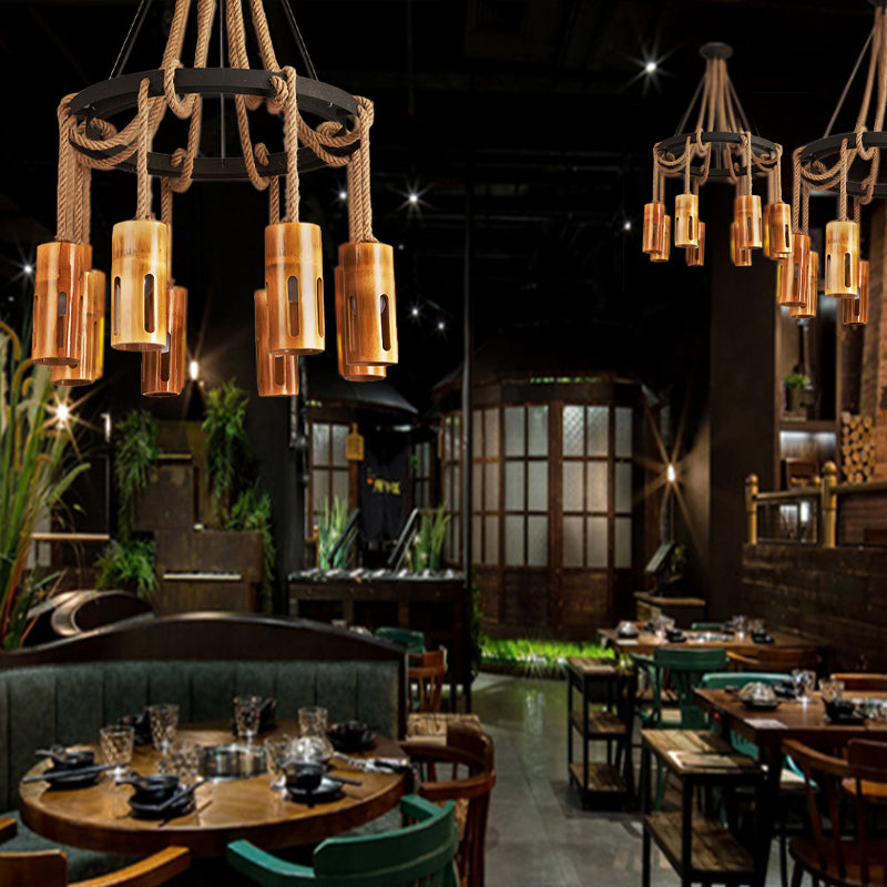 Bamboo Chandelier Lamp Lodge Style Multi Lights Pendant Lighting with Hanging Rope