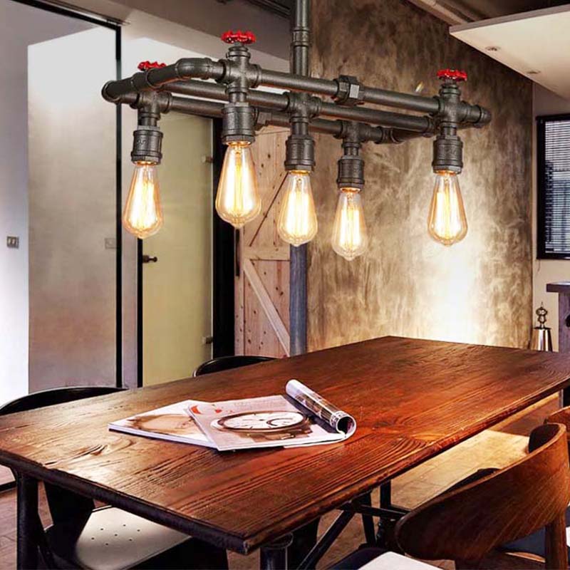 Black Finish Tubing Hanging Lamp with Red Valve Antique Metal 5-Bulb Dining Room Chandelier Lighting