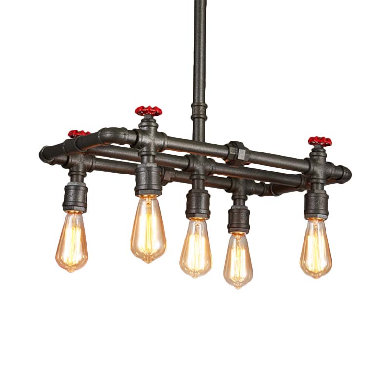 Black Finish Tubing Hanging Lamp with Red Valve Antique Metal 5-Bulb Dining Room Chandelier Lighting