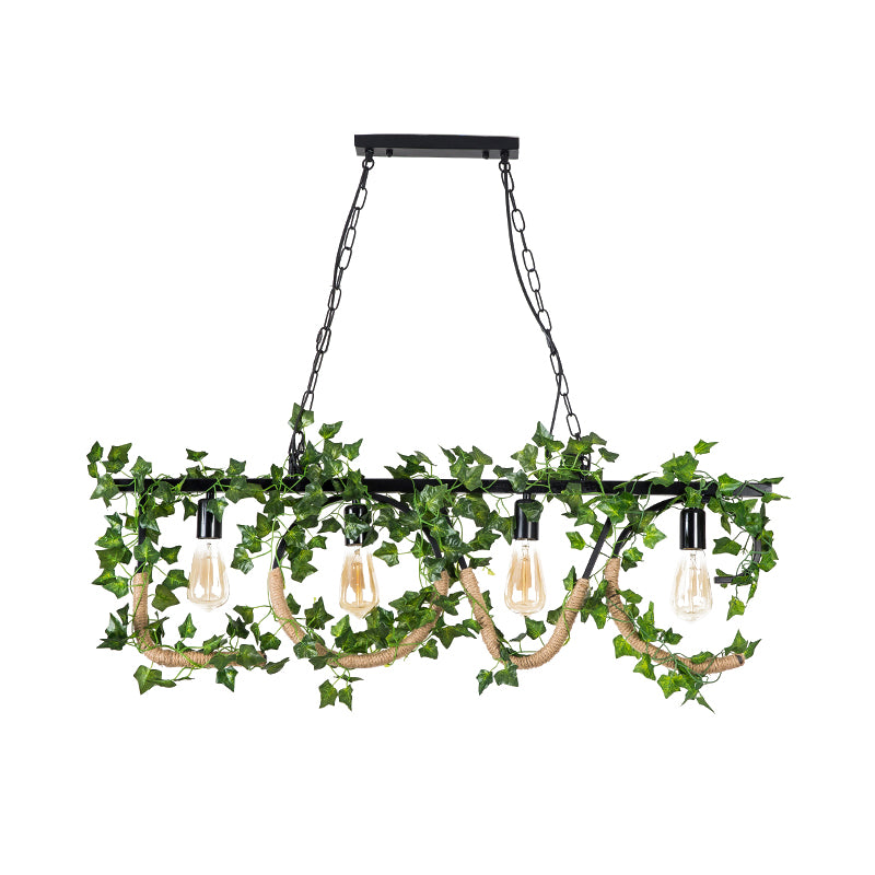 4 Lights Linear Island Lamp with Artificial Plant Lodge Metal Hanging Light in Black