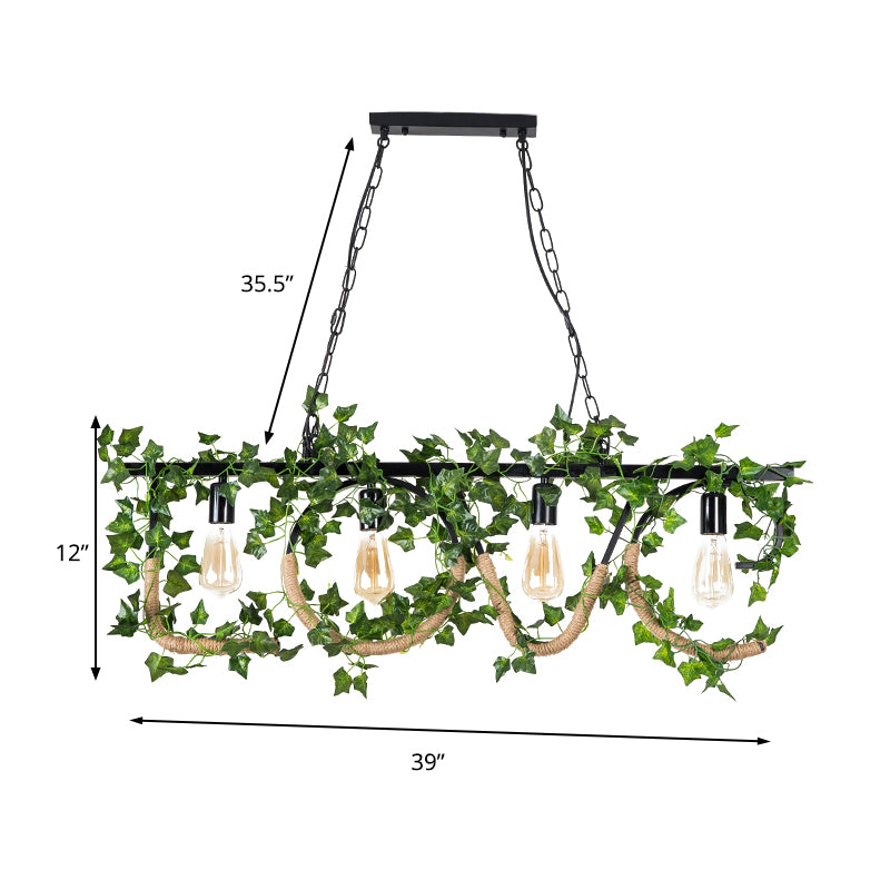 4 Lights Linear Island Lamp with Artificial Plant Lodge Metal Hanging Light in Black