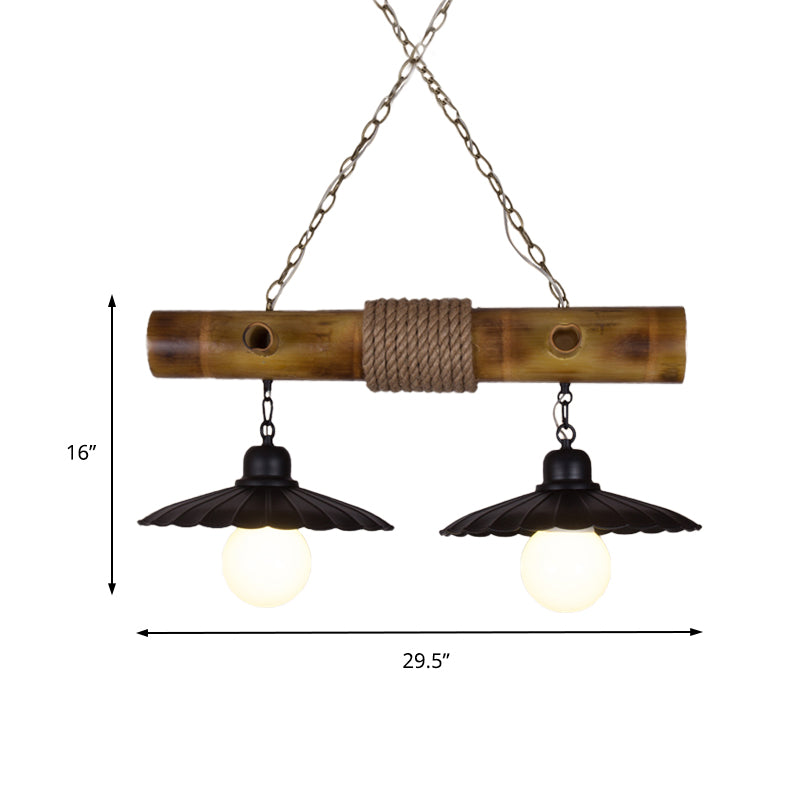 2 Heads Scalloped Hanging Lamp Countryside Black Rope and Bamboo Island Lighting for Dining Room