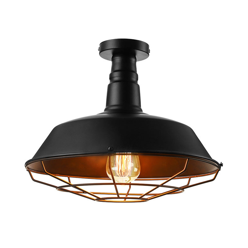 Plafonnier cage noire en métal de style vintage, éclairage d'intérieur semi-encastré à 1 tête avec abat-jour de grange, 10"/14"/18" W