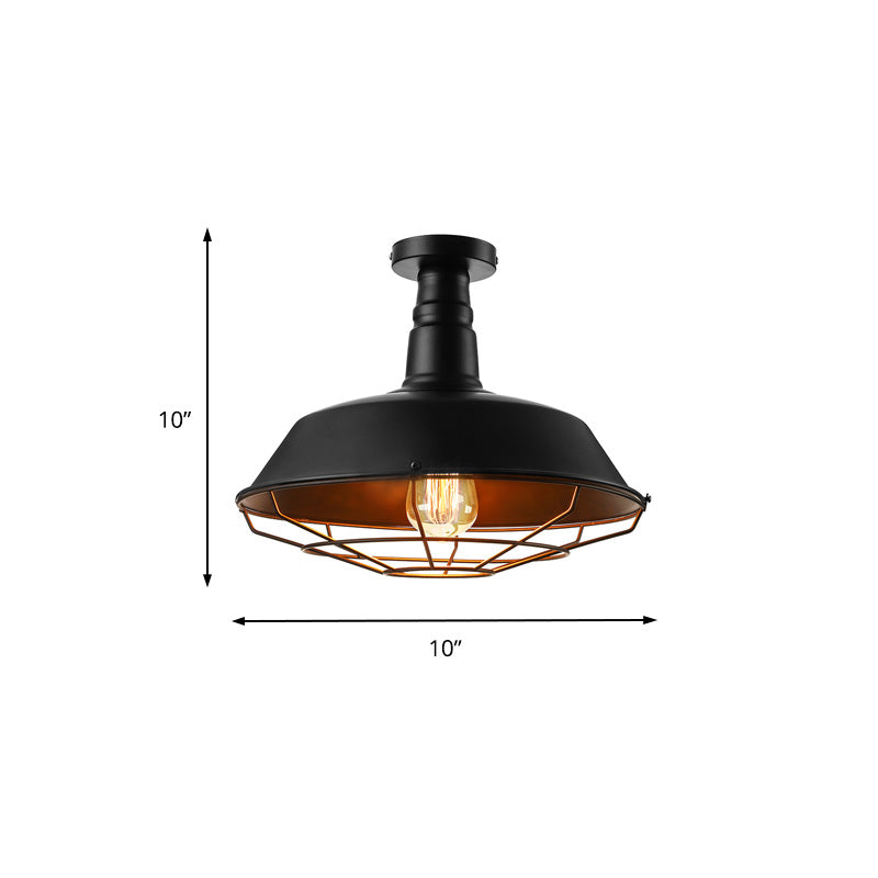 Plafonnier cage noire en métal de style vintage, éclairage d'intérieur semi-encastré à 1 tête avec abat-jour de grange, 10"/14"/18" W