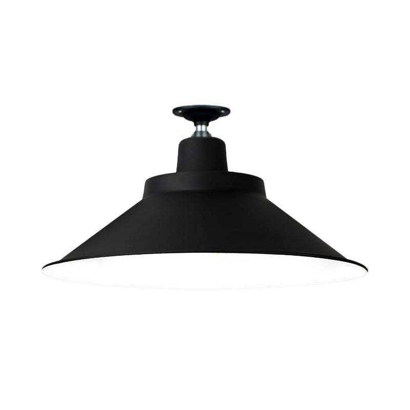 12"/16"/19.5" Wide Cone Metal Ceiling Lighting Industrial Style 1 Head Balcony Semi Flush Mount Lighting in Black
