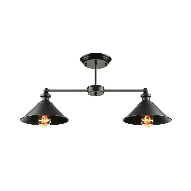 Lámpara de techo para mesa de comedor, iluminación industrial de montaje semiempotrado, metálica, doble cónica, 2 luces, color negro